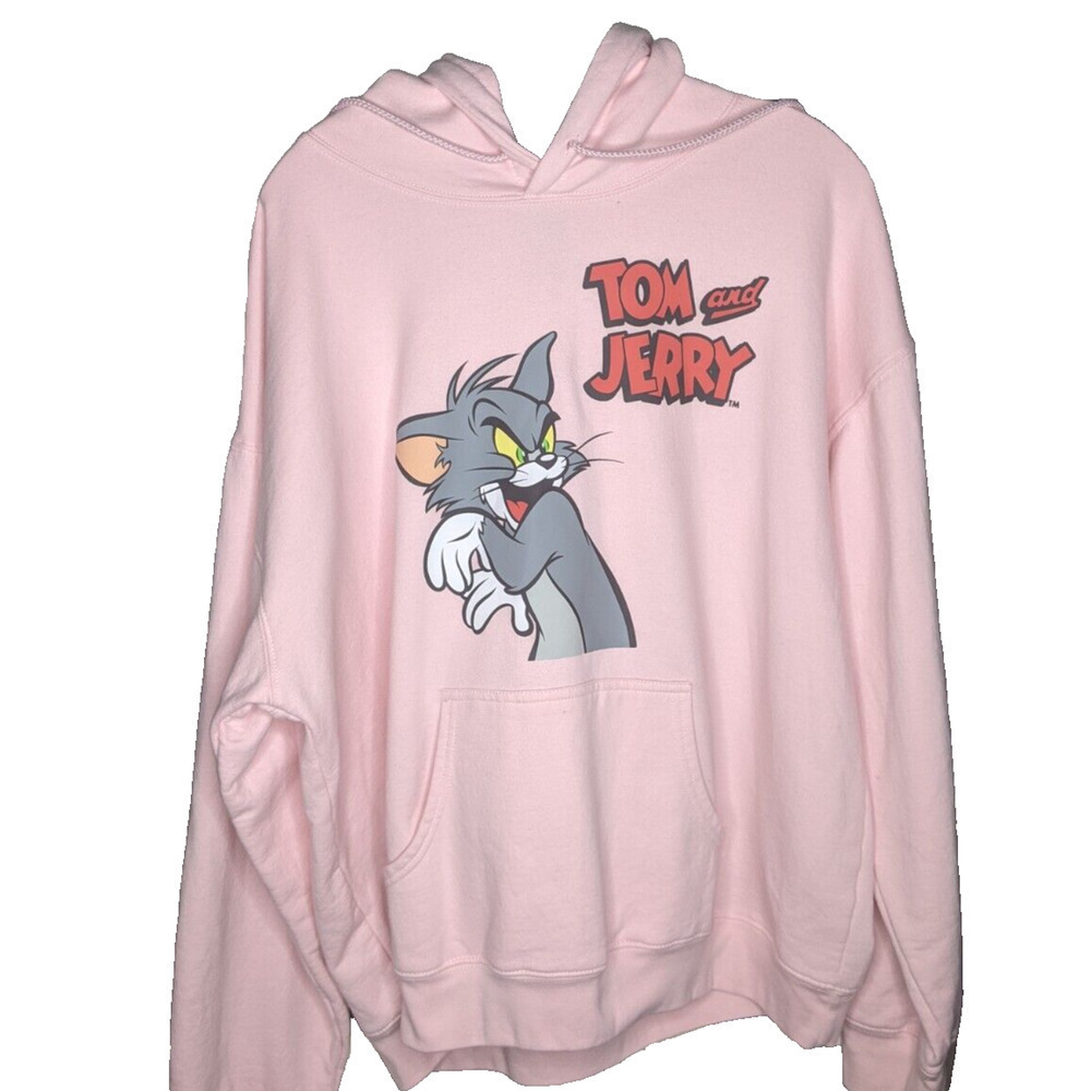 Tom And Jerry Cartoon Show Pink Hoodie Pullover XL Front Back Design P2P 24"